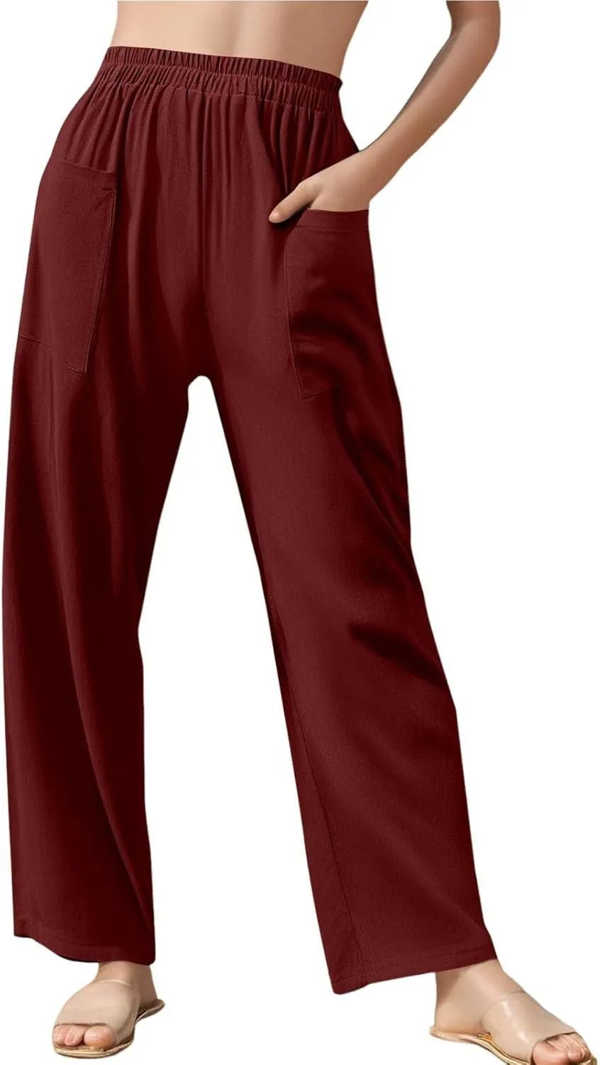 Womens Wide Leg Linen Pants Summer Elastic Waist Beach Pants Loose Fit Comfy Lounge Pants with Pockets Flowy Trousers