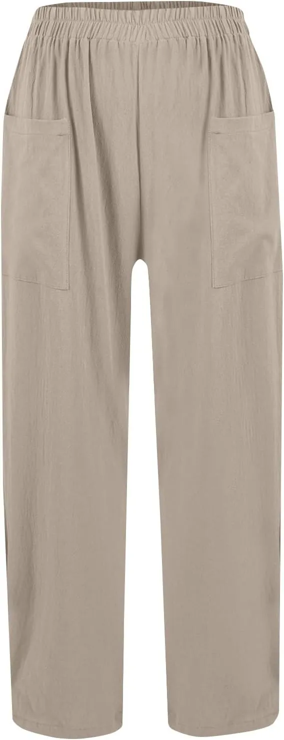 Womens Wide Leg Linen Pants Summer Elastic Waist Beach Pants Loose Fit Comfy Lounge Pants with Pockets Flowy Trousers