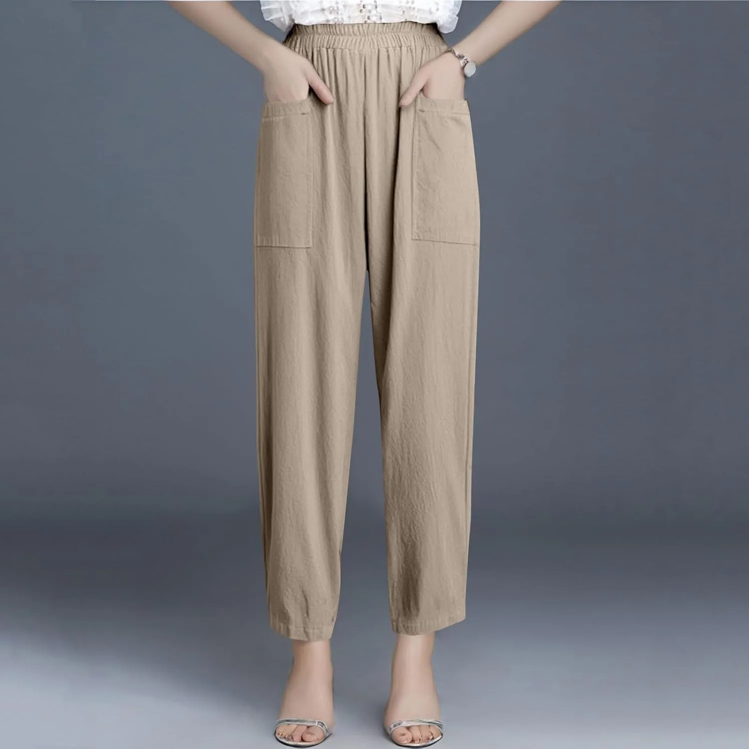 Womens Wide Leg Linen Pants Summer Elastic Waist Beach Pants Loose Fit Comfy Lounge Pants with Pockets Flowy Trousers