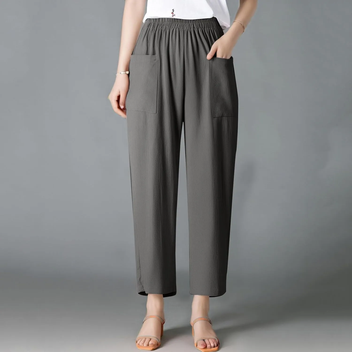 Womens Wide Leg Linen Pants Summer Elastic Waist Beach Pants Loose Fit Comfy Lounge Pants with Pockets Flowy Trousers