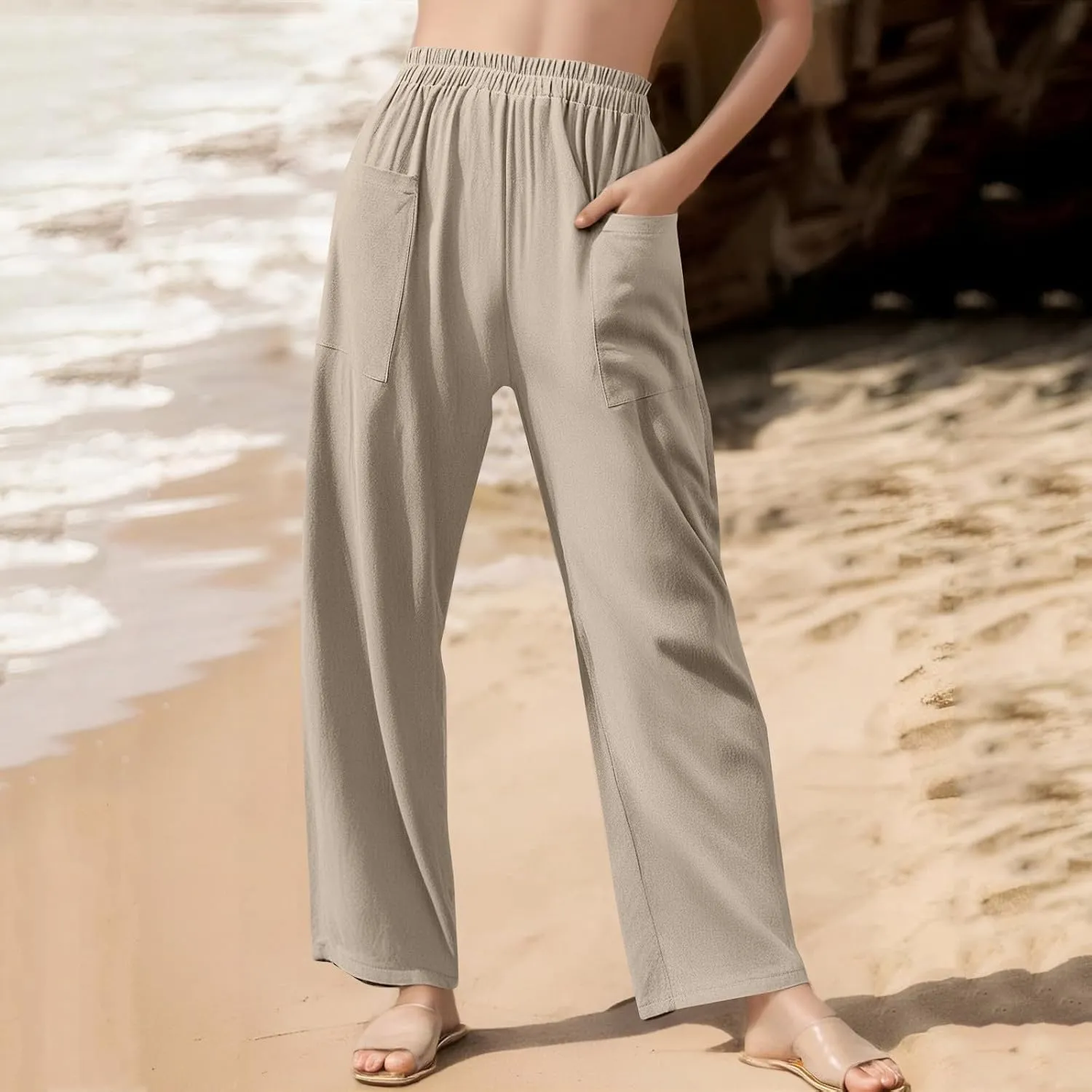 Womens Wide Leg Linen Pants Summer Elastic Waist Beach Pants Loose Fit Comfy Lounge Pants with Pockets Flowy Trousers