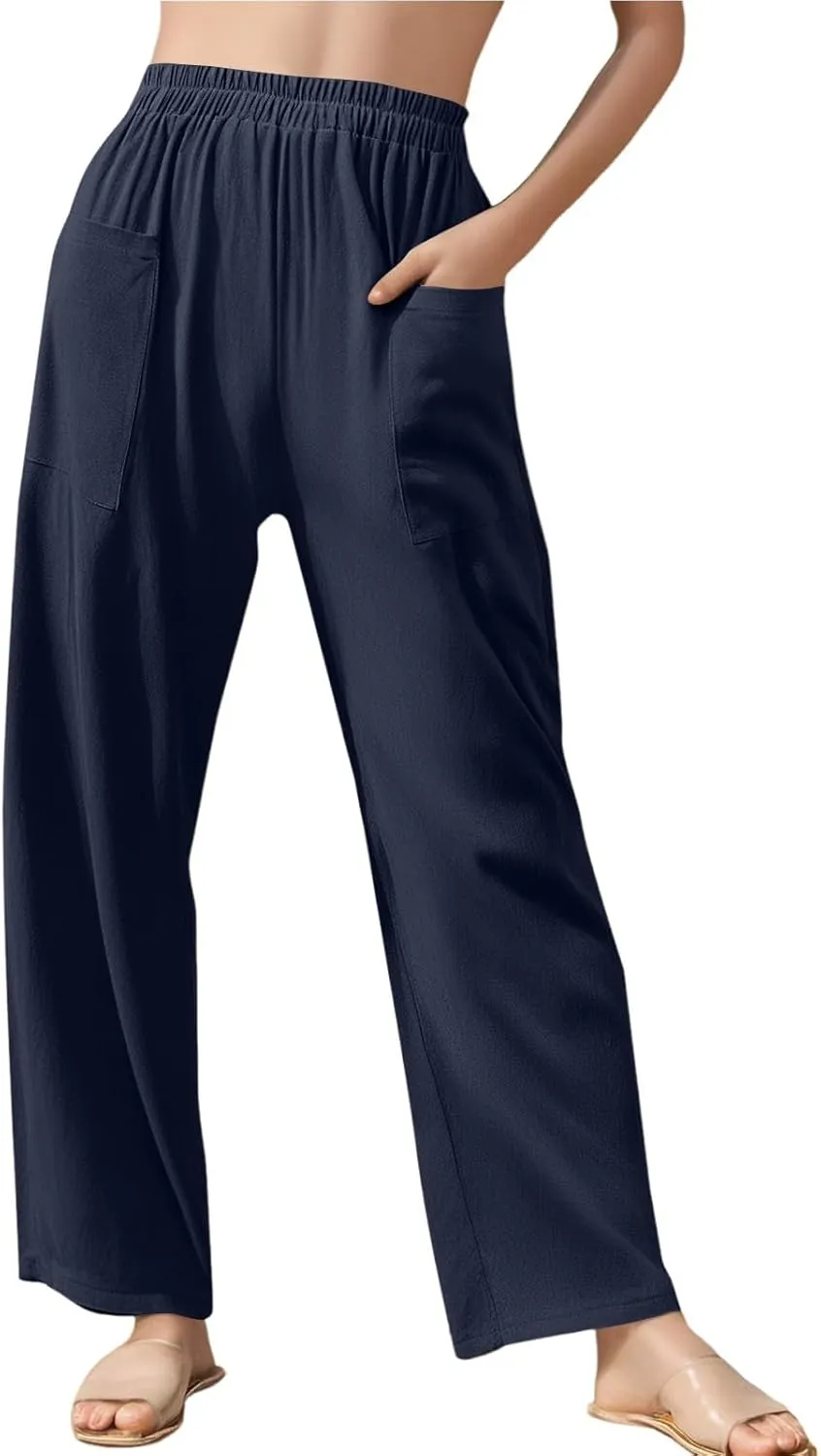 Womens Wide Leg Linen Pants Summer Elastic Waist Beach Pants Loose Fit Comfy Lounge Pants with Pockets Flowy Trousers