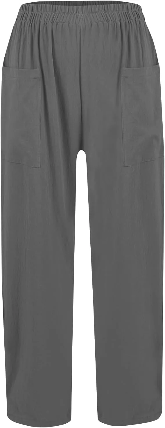 Womens Wide Leg Linen Pants Summer Elastic Waist Beach Pants Loose Fit Comfy Lounge Pants with Pockets Flowy Trousers