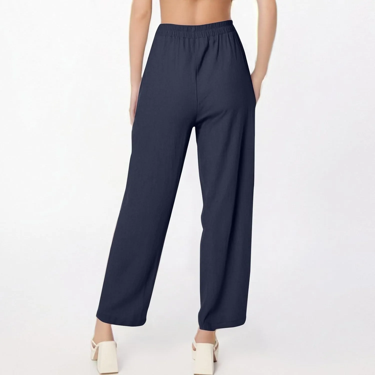 Womens Wide Leg Linen Pants Summer Elastic Waist Beach Pants Loose Fit Comfy Lounge Pants with Pockets Flowy Trousers