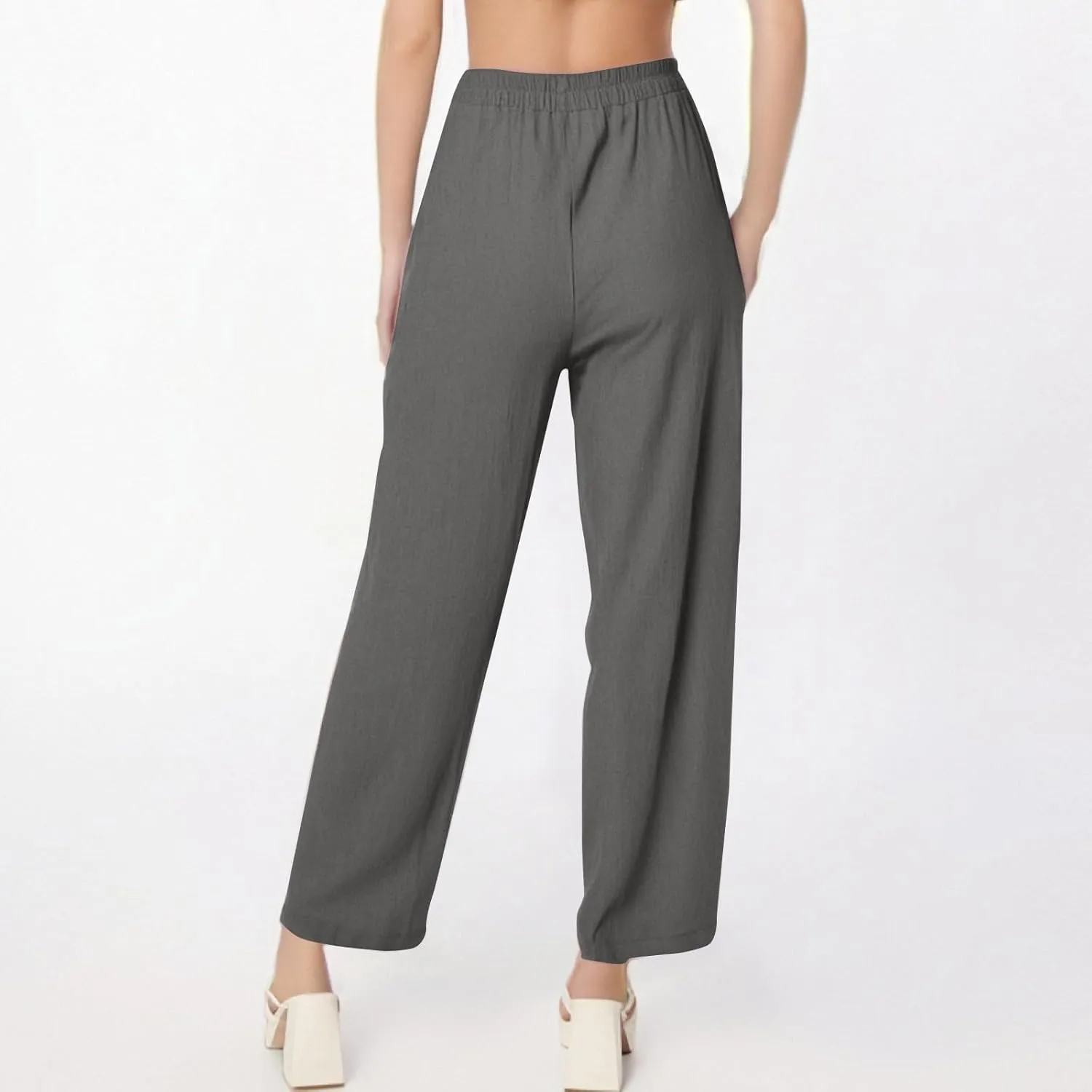 Womens Wide Leg Linen Pants Summer Elastic Waist Beach Pants Loose Fit Comfy Lounge Pants with Pockets Flowy Trousers