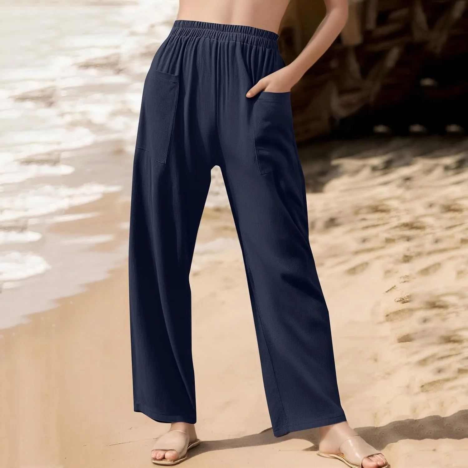Womens Wide Leg Linen Pants Summer Elastic Waist Beach Pants Loose Fit Comfy Lounge Pants with Pockets Flowy Trousers