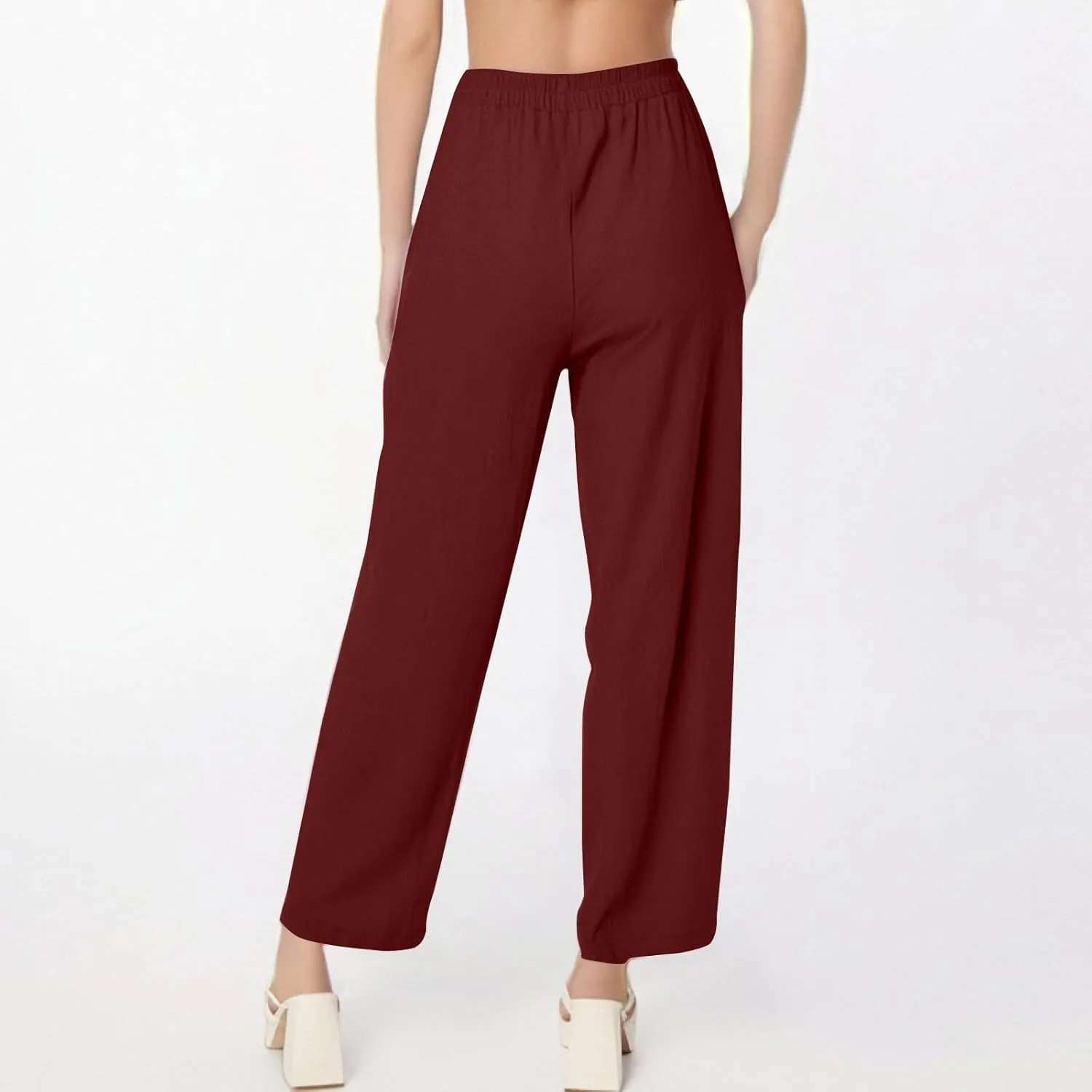 Womens Wide Leg Linen Pants Summer Elastic Waist Beach Pants Loose Fit Comfy Lounge Pants with Pockets Flowy Trousers