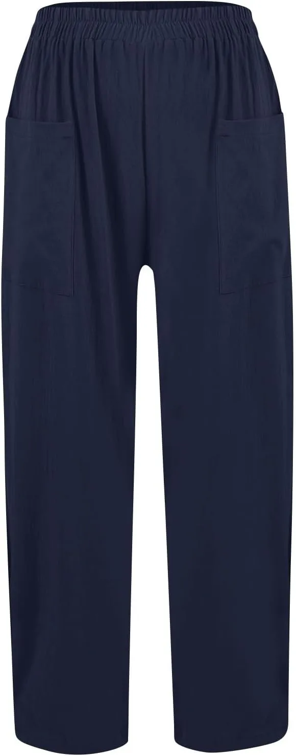 Womens Wide Leg Linen Pants Summer Elastic Waist Beach Pants Loose Fit Comfy Lounge Pants with Pockets Flowy Trousers