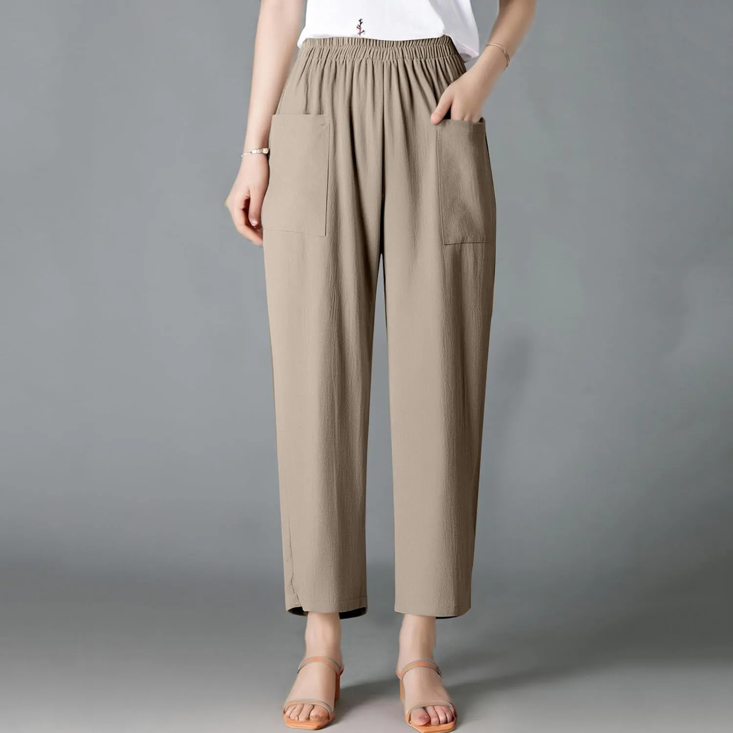 Womens Wide Leg Linen Pants Summer Elastic Waist Beach Pants Loose Fit Comfy Lounge Pants with Pockets Flowy Trousers