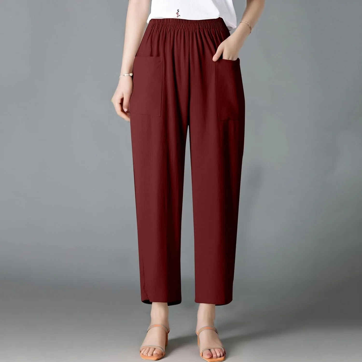 Womens Wide Leg Linen Pants Summer Elastic Waist Beach Pants Loose Fit Comfy Lounge Pants with Pockets Flowy Trousers