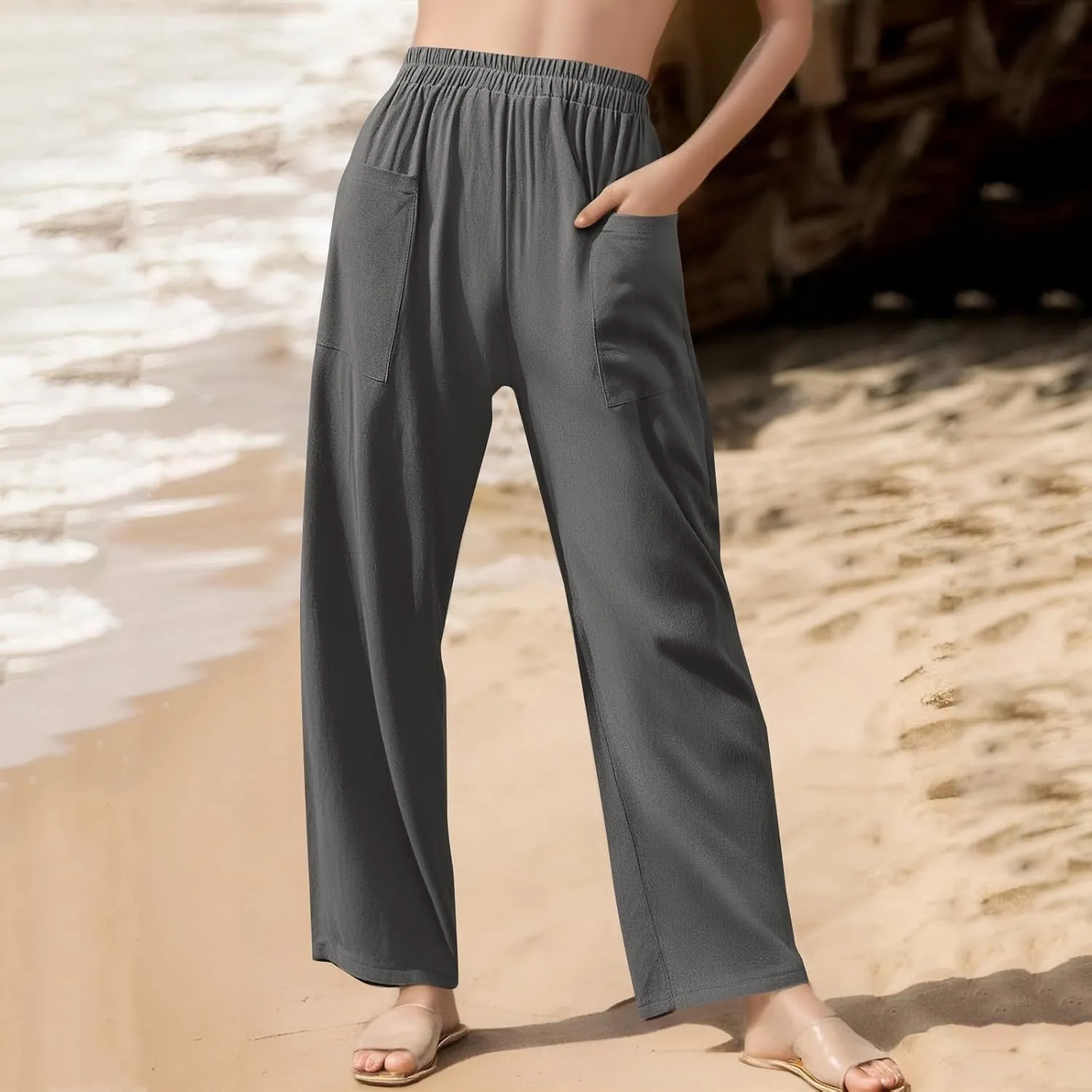 Womens Wide Leg Linen Pants Summer Elastic Waist Beach Pants Loose Fit Comfy Lounge Pants with Pockets Flowy Trousers