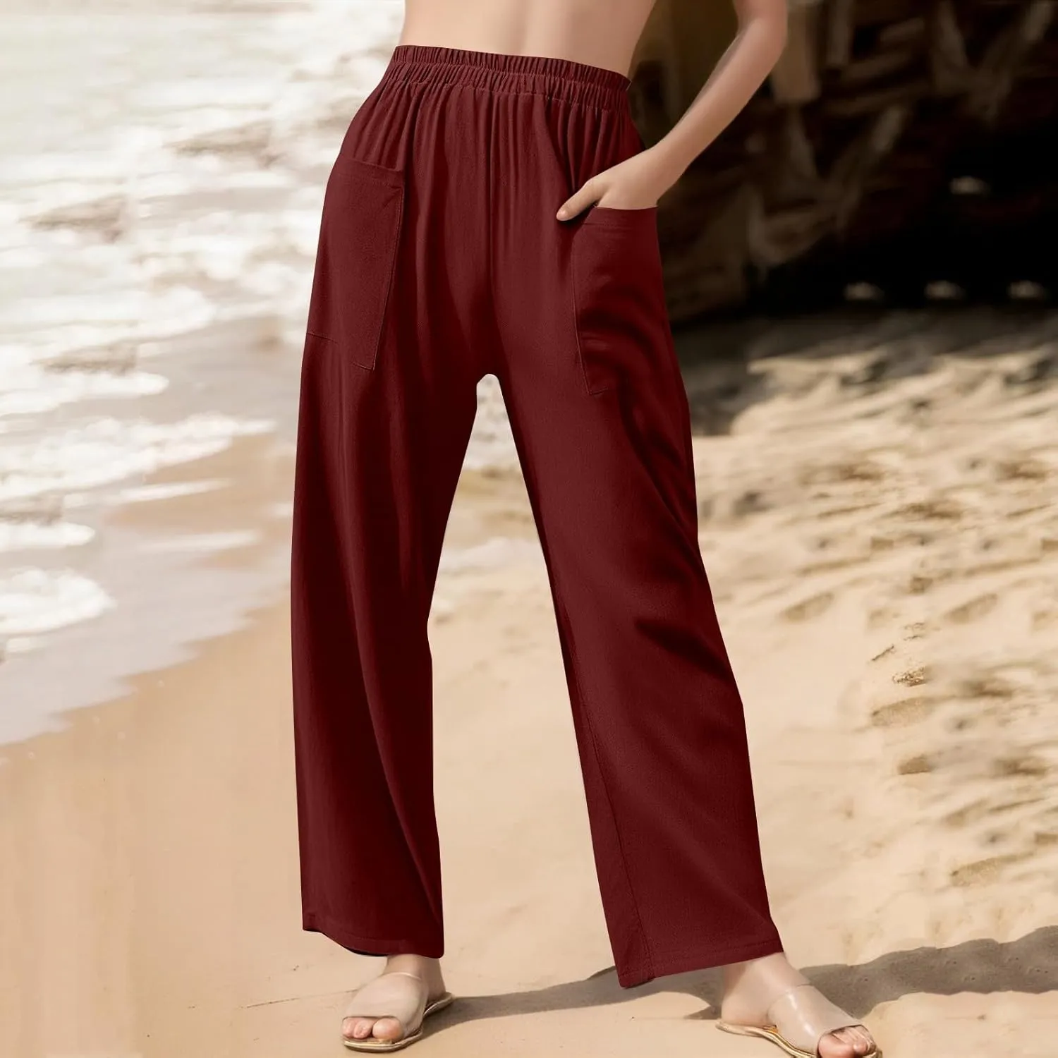 Womens Wide Leg Linen Pants Summer Elastic Waist Beach Pants Loose Fit Comfy Lounge Pants with Pockets Flowy Trousers