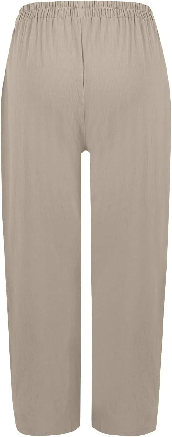 Womens Wide Leg Linen Pants Summer Elastic Waist Beach Pants Loose Fit Comfy Lounge Pants with Pockets Flowy Trousers