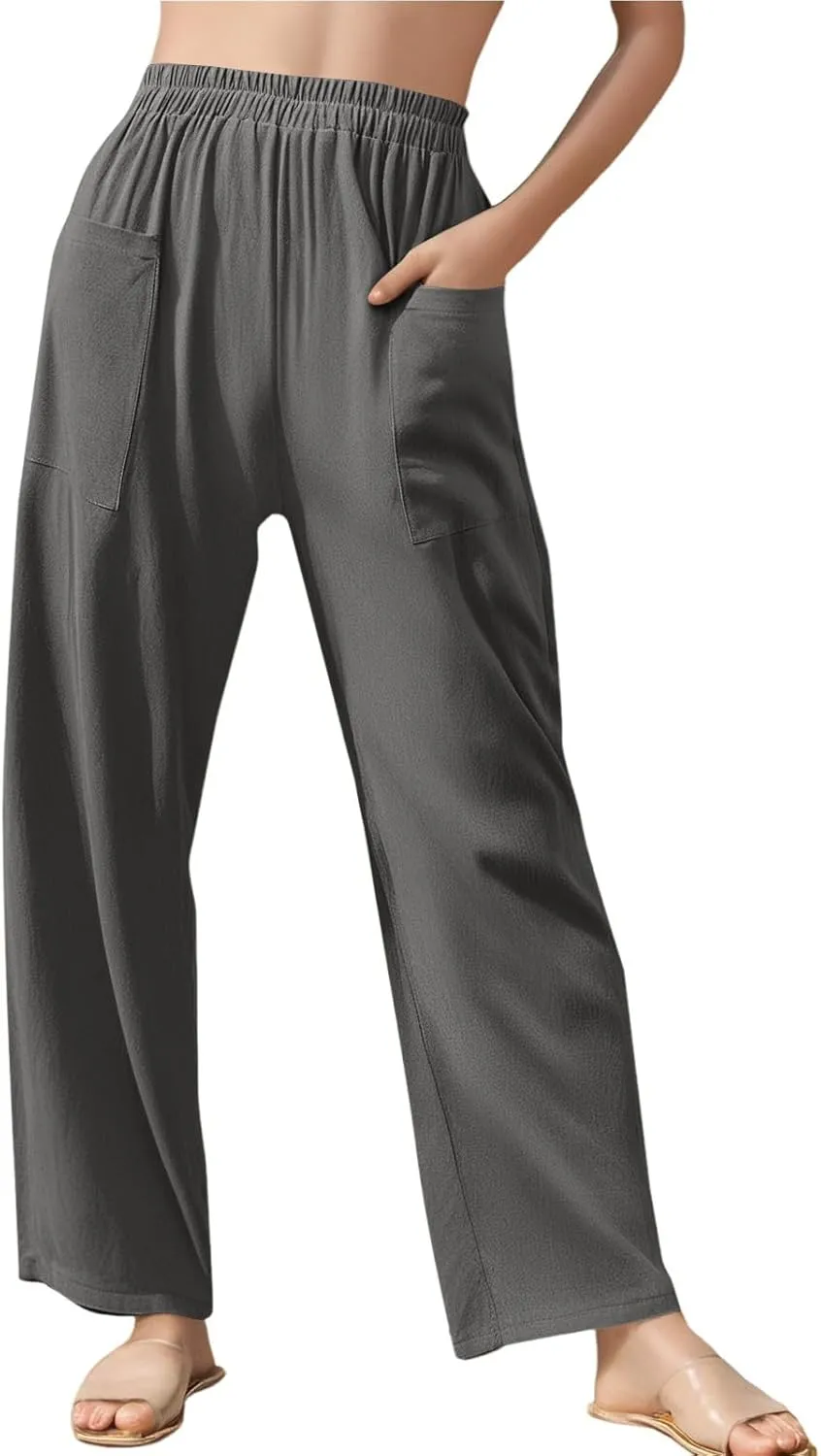 Womens Wide Leg Linen Pants Summer Elastic Waist Beach Pants Loose Fit Comfy Lounge Pants with Pockets Flowy Trousers