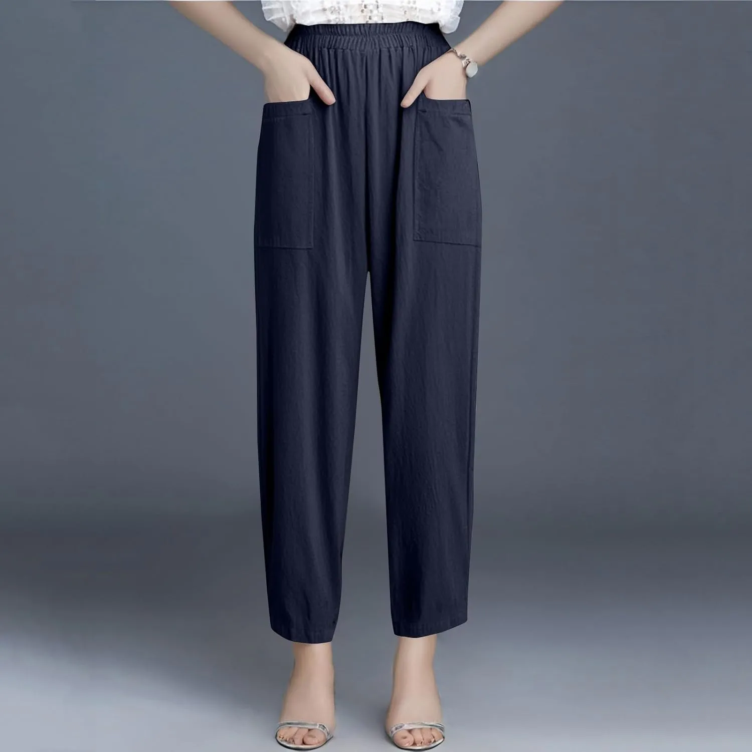 Womens Wide Leg Linen Pants Summer Elastic Waist Beach Pants Loose Fit Comfy Lounge Pants with Pockets Flowy Trousers