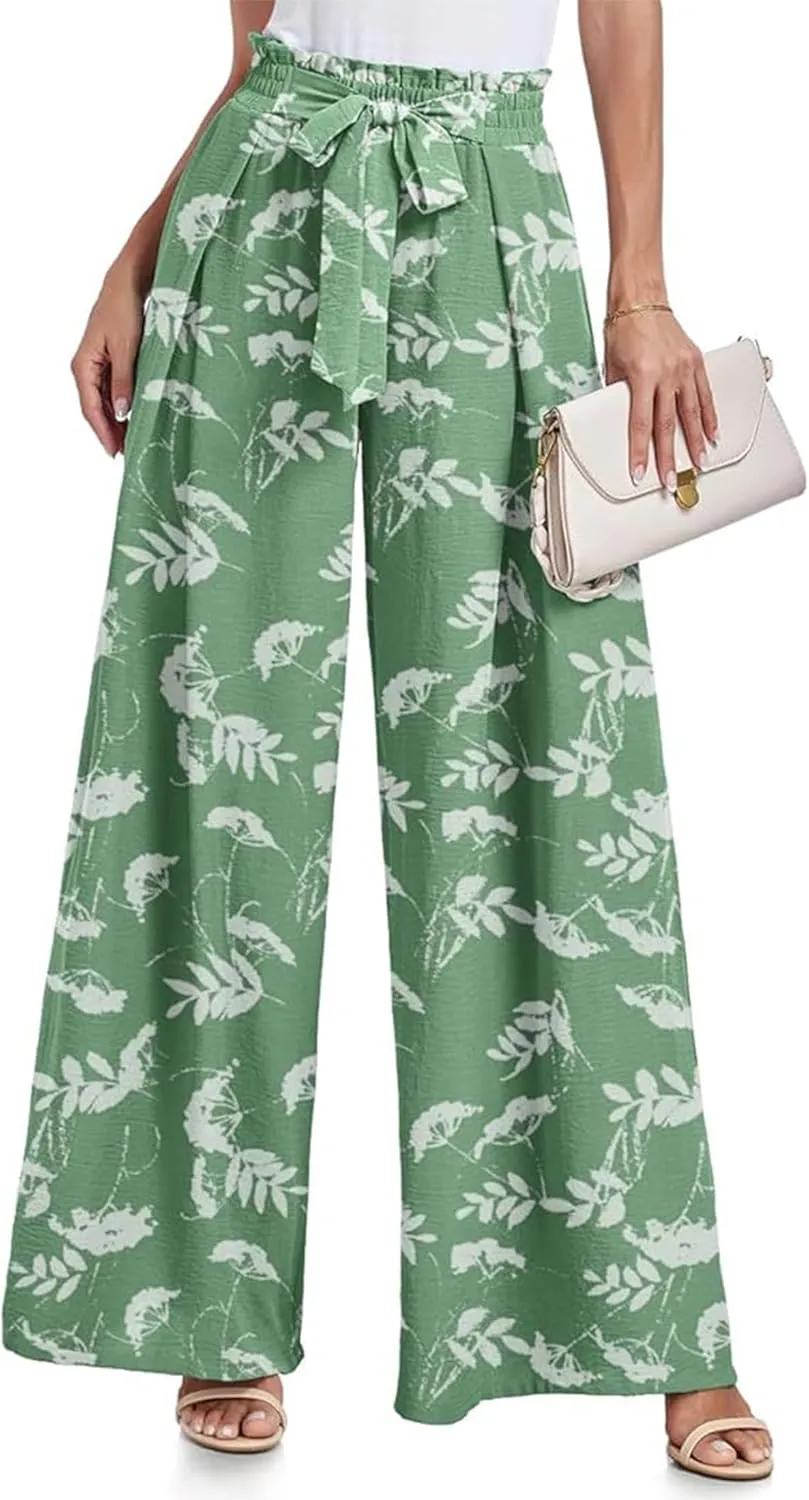 Women's Wide Leg Pants High Waist Adjustable Knot Loose Casual Flowy Tie Knot Business Work Trousers with Pockets