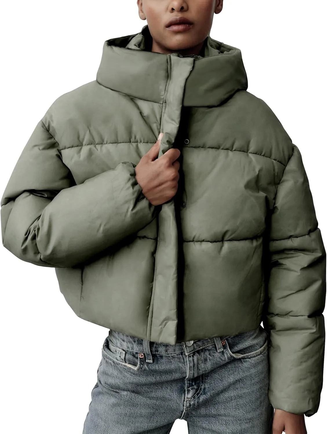 Women's Winter Crop Hooded Puffer Jacket Baggy Warm Zip Up Short Quilted Down Jackets Outerwear