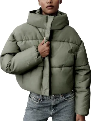 Women's Winter Crop Hooded Puffer Jacket Baggy Warm Zip Up Short Quilted Down Jackets Outerwear