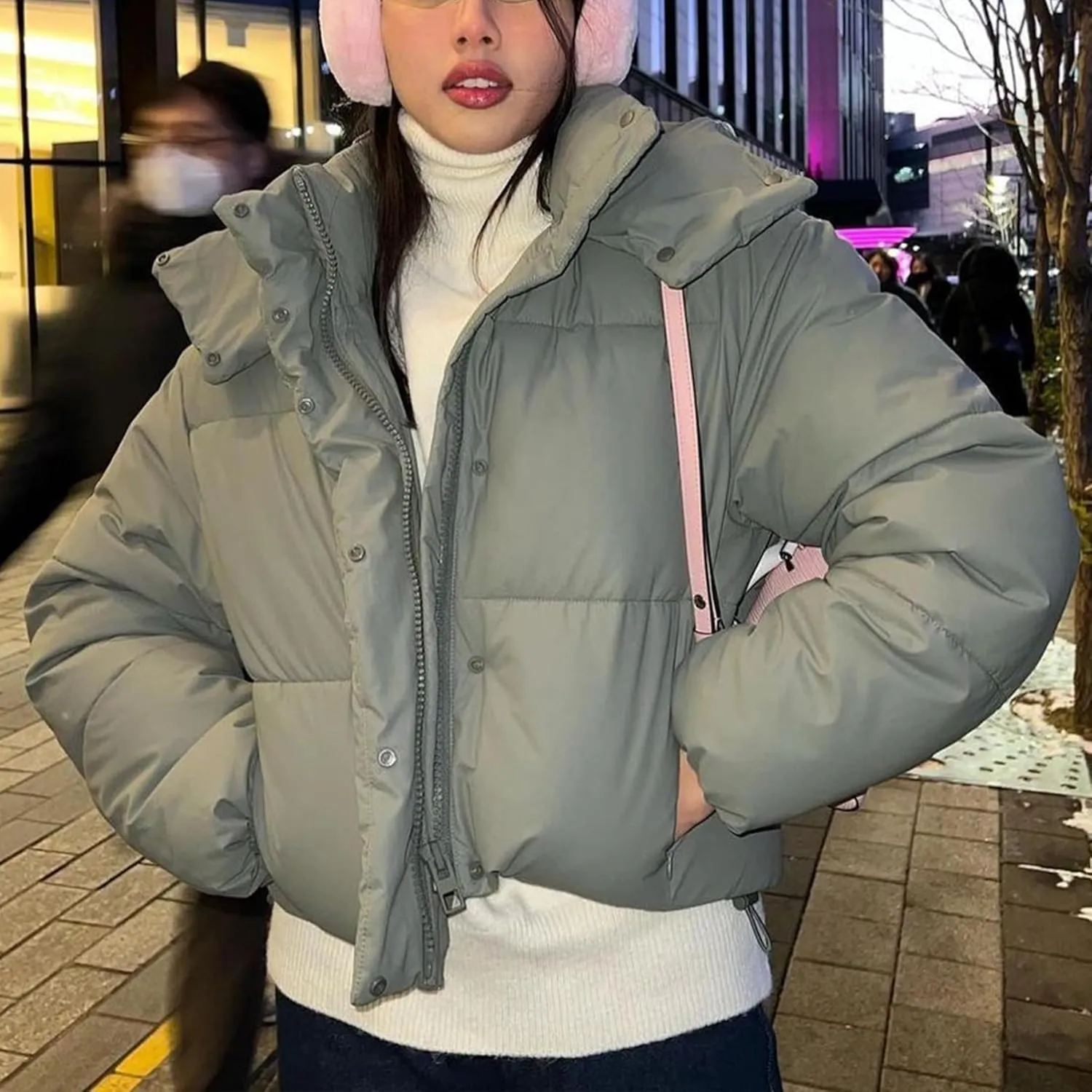 Women's Winter Crop Hooded Puffer Jacket Baggy Warm Zip Up Short Quilted Down Jackets Outerwear