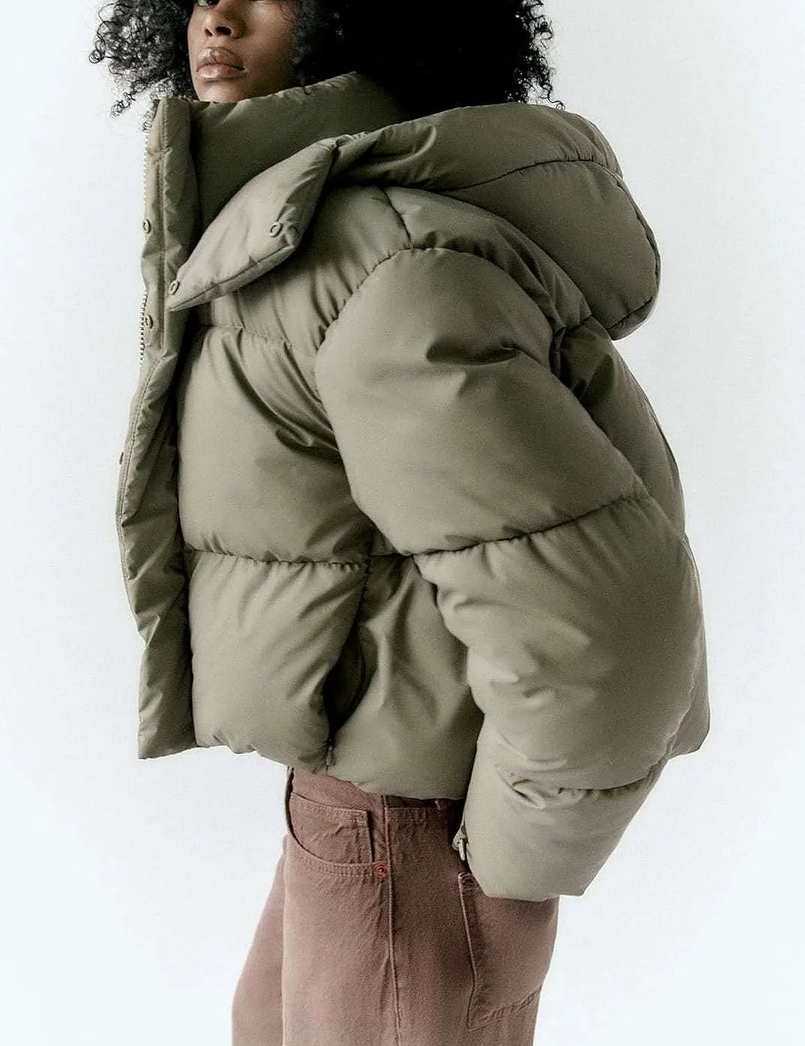 Women's Winter Crop Hooded Puffer Jacket Baggy Warm Zip Up Short Quilted Down Jackets Outerwear