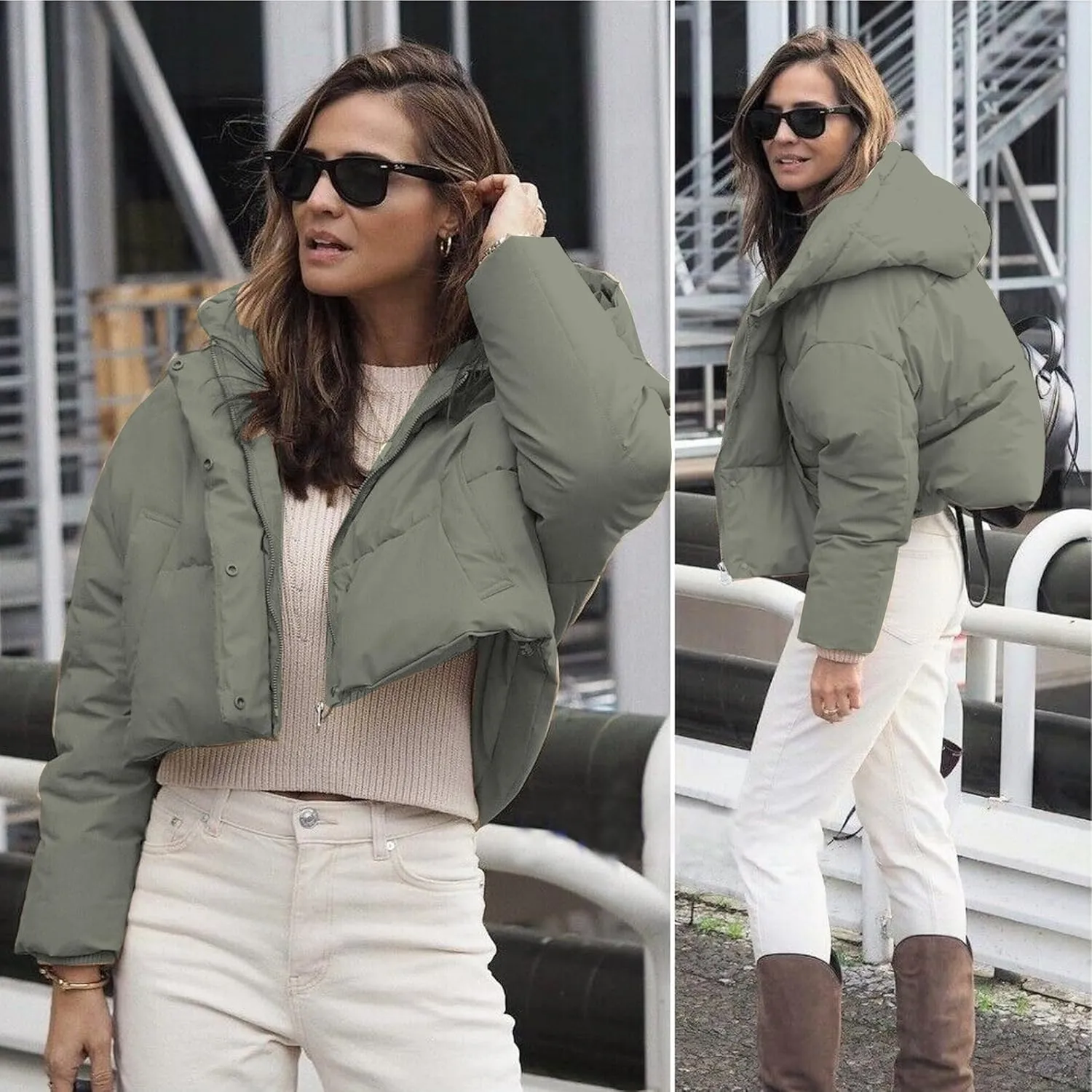 Women's Winter Crop Hooded Puffer Jacket Baggy Warm Zip Up Short Quilted Down Jackets Outerwear