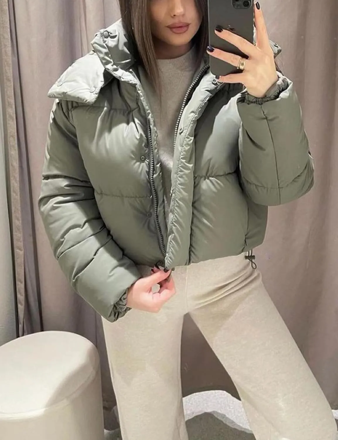 Women's Winter Crop Hooded Puffer Jacket Baggy Warm Zip Up Short Quilted Down Jackets Outerwear