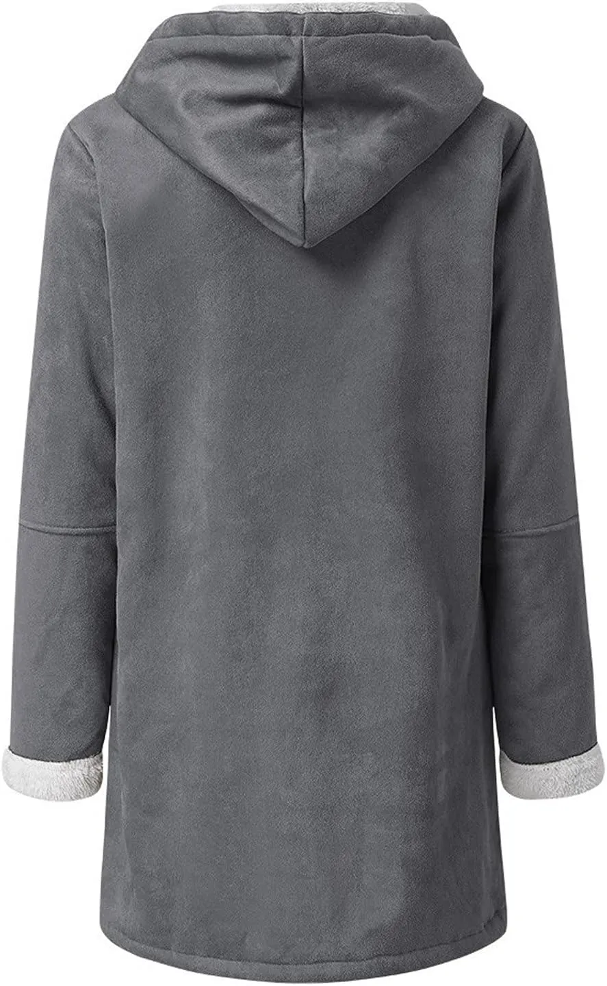 Womens Winter Sherpa Fleece Lined Jacket Long Plus Size Horn Button Wool Trench Coat Warm Thick Hooded Peacoat Outwear