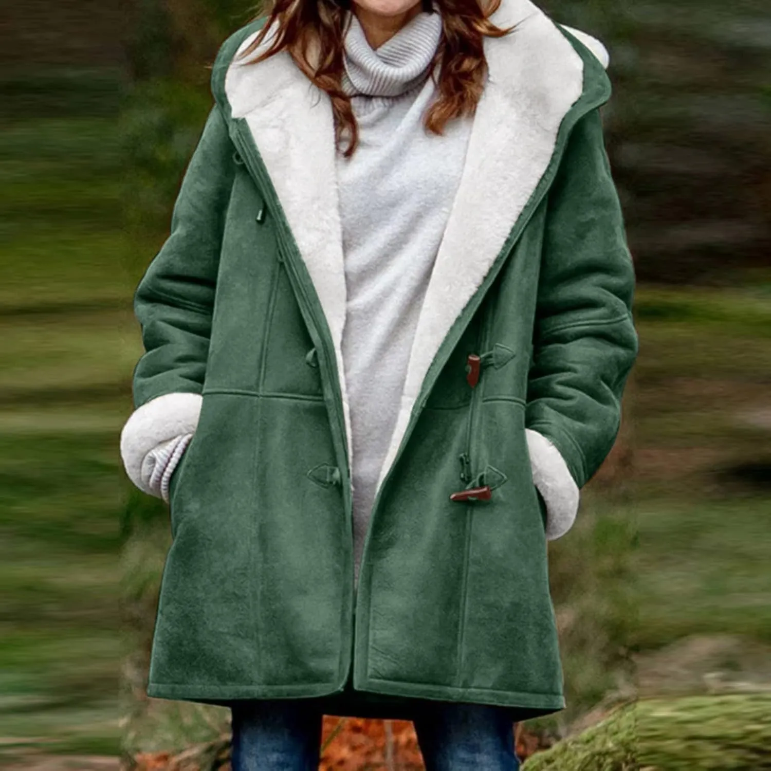 Womens Winter Sherpa Fleece Lined Jacket Long Plus Size Horn Button Wool Trench Coat Warm Thick Hooded Peacoat Outwear