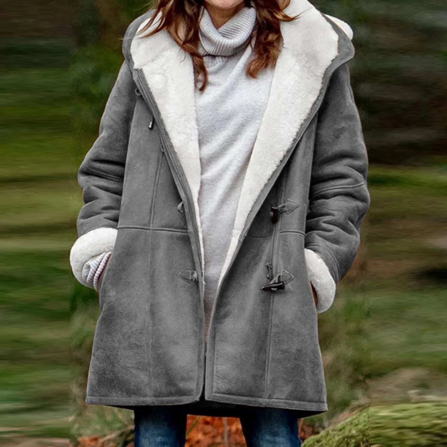 Womens Winter Sherpa Fleece Lined Jacket Long Plus Size Horn Button Wool Trench Coat Warm Thick Hooded Peacoat Outwear