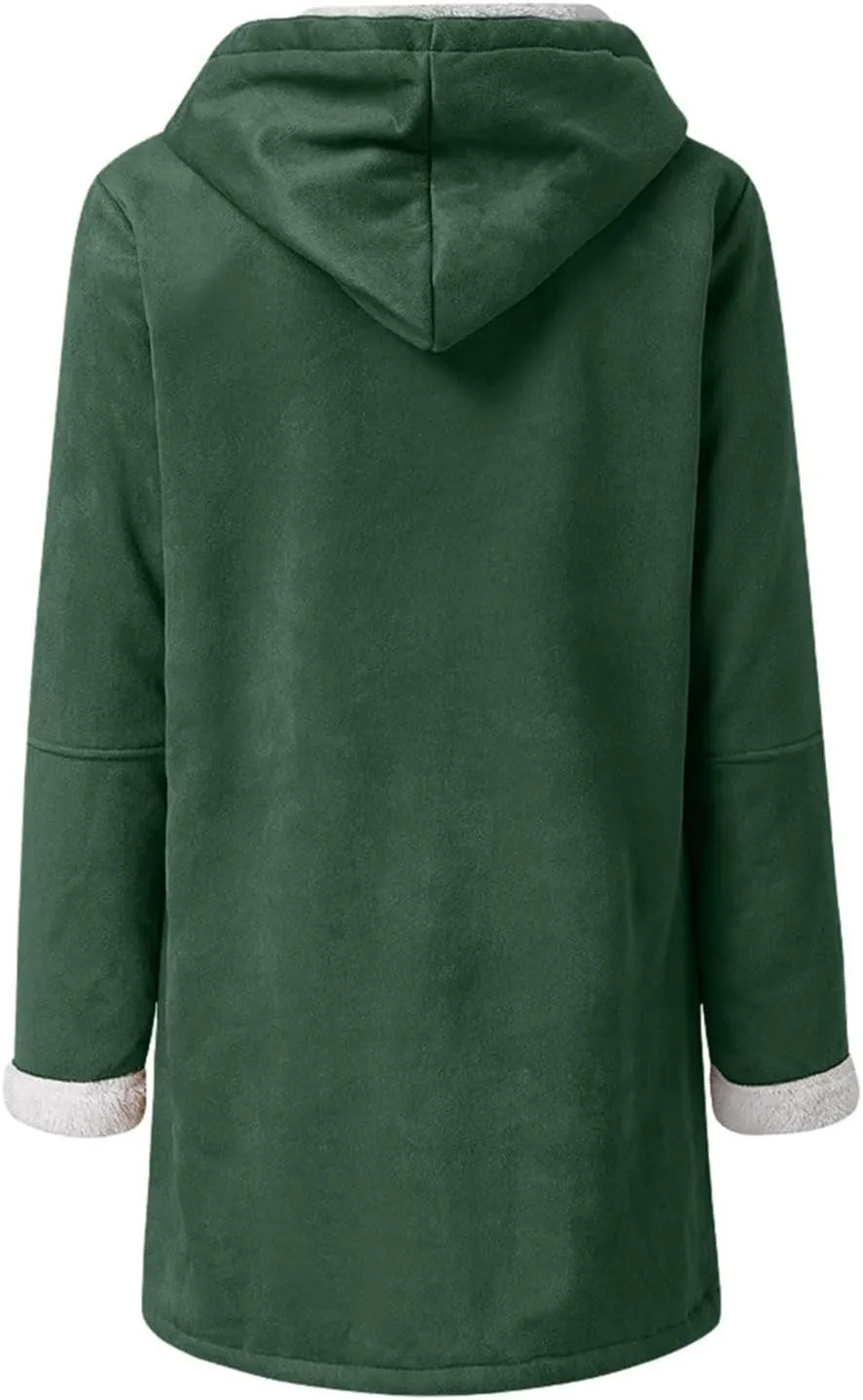 Womens Winter Sherpa Fleece Lined Jacket Long Plus Size Horn Button Wool Trench Coat Warm Thick Hooded Peacoat Outwear