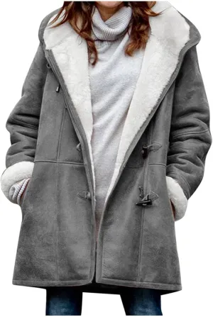 Womens Winter Sherpa Fleece Lined Jacket Long Plus Size Horn Button Wool Trench Coat Warm Thick Hooded Peacoat Outwear