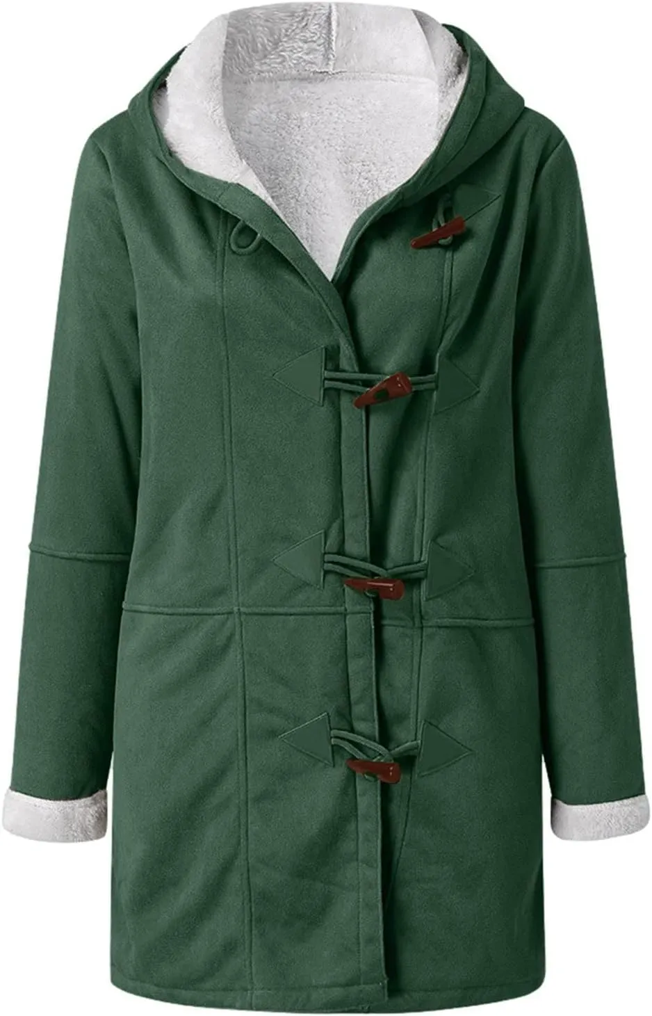 Womens Winter Sherpa Fleece Lined Jacket Long Plus Size Horn Button Wool Trench Coat Warm Thick Hooded Peacoat Outwear