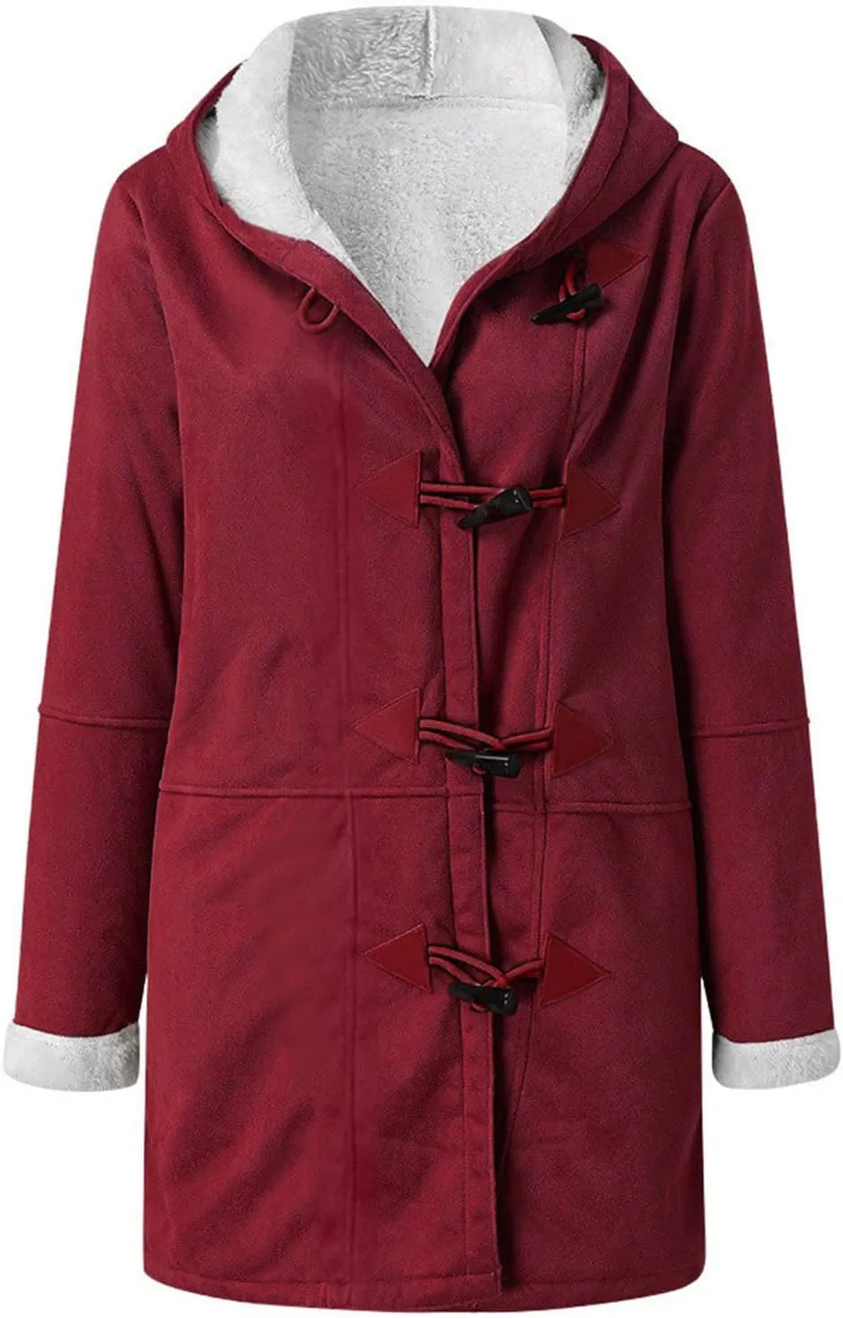 Womens Winter Sherpa Fleece Lined Jacket Long Plus Size Horn Button Wool Trench Coat Warm Thick Hooded Peacoat Outwear