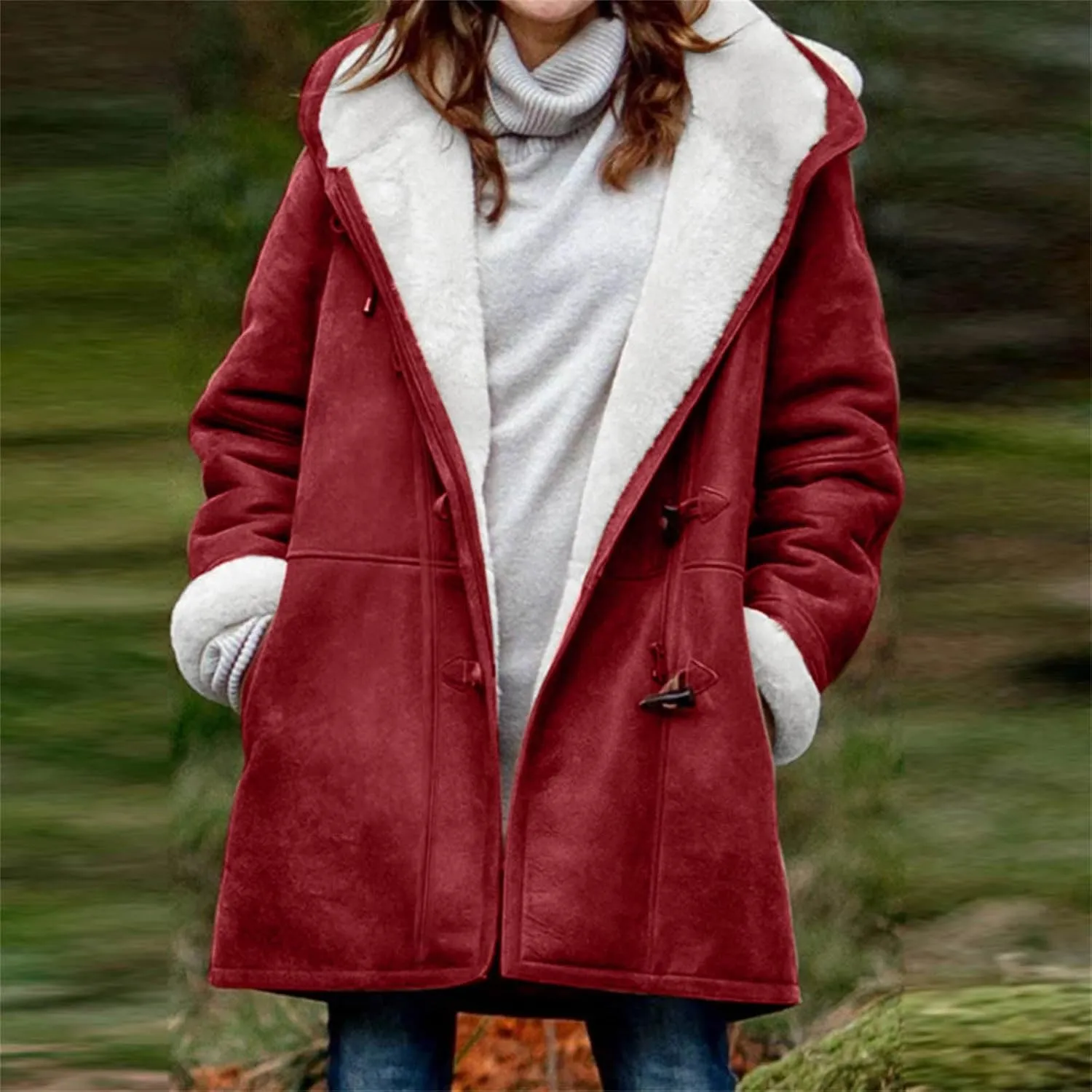Womens Winter Sherpa Fleece Lined Jacket Long Plus Size Horn Button Wool Trench Coat Warm Thick Hooded Peacoat Outwear