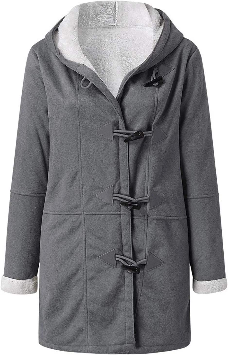 Womens Winter Sherpa Fleece Lined Jacket Long Plus Size Horn Button Wool Trench Coat Warm Thick Hooded Peacoat Outwear