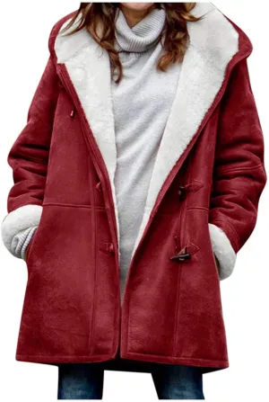 Womens Winter Sherpa Fleece Lined Jacket Long Plus Size Horn Button Wool Trench Coat Warm Thick Hooded Peacoat Outwear