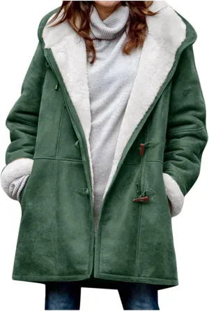 Womens Winter Sherpa Fleece Lined Jacket Long Plus Size Horn Button Wool Trench Coat Warm Thick Hooded Peacoat Outwear