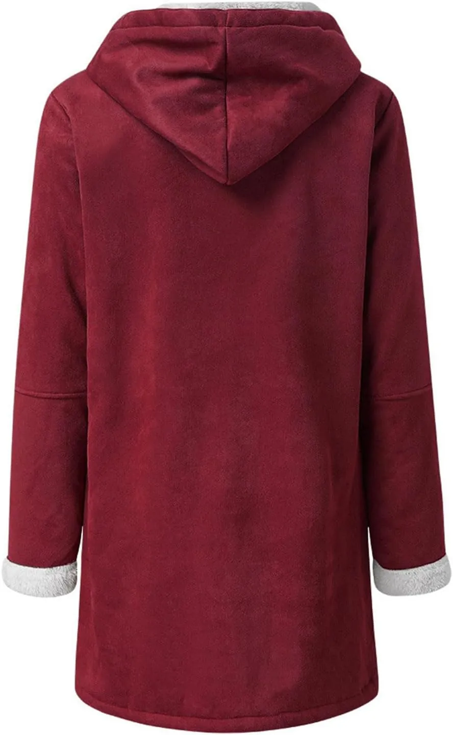 Womens Winter Sherpa Fleece Lined Jacket Long Plus Size Horn Button Wool Trench Coat Warm Thick Hooded Peacoat Outwear
