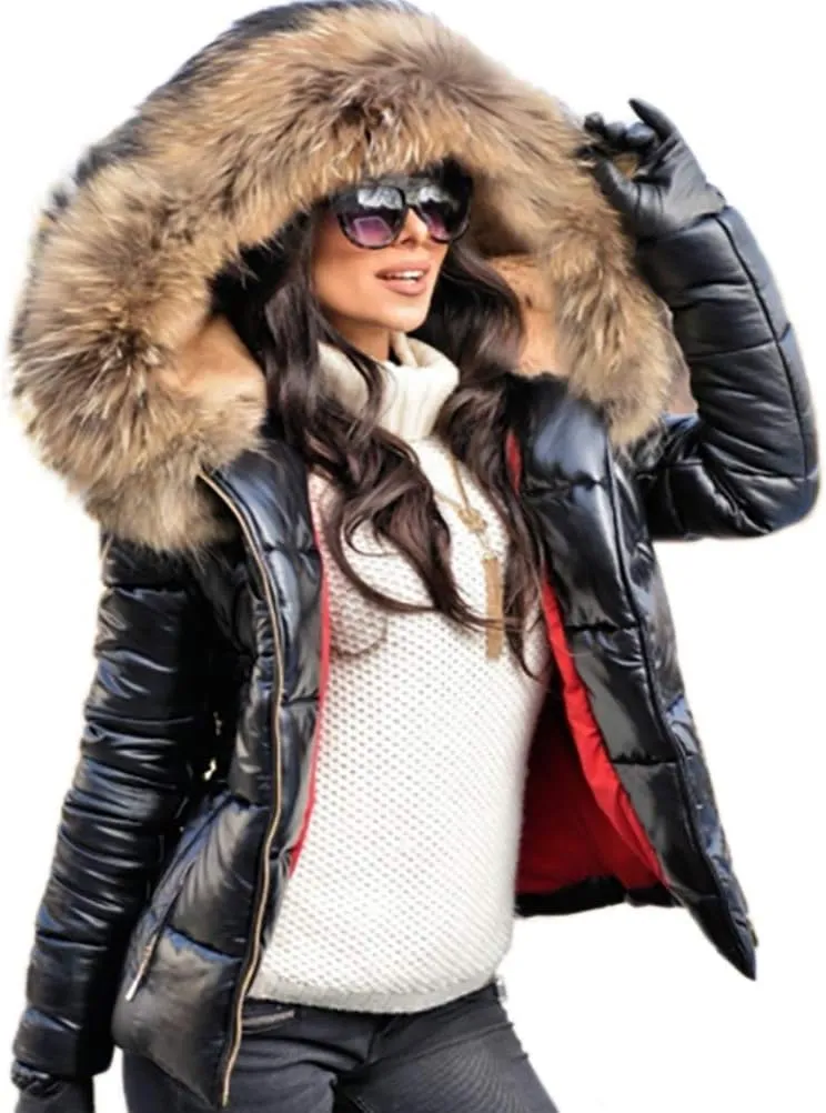 Women's Winter Thicken Coat Lightweight Short Down Jacket Quilted Parka with Fur Hood