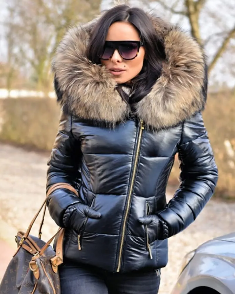 Women's Winter Thicken Coat Lightweight Short Down Jacket Quilted Parka with Fur Hood