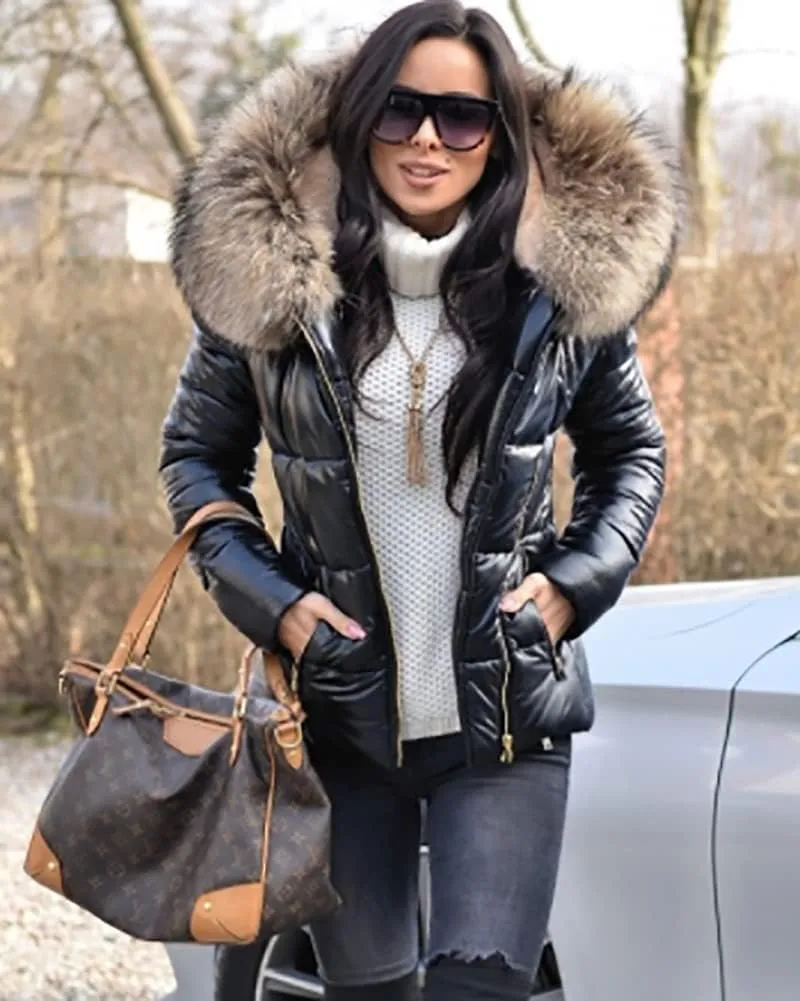 Women's Winter Thicken Coat Lightweight Short Down Jacket Quilted Parka with Fur Hood