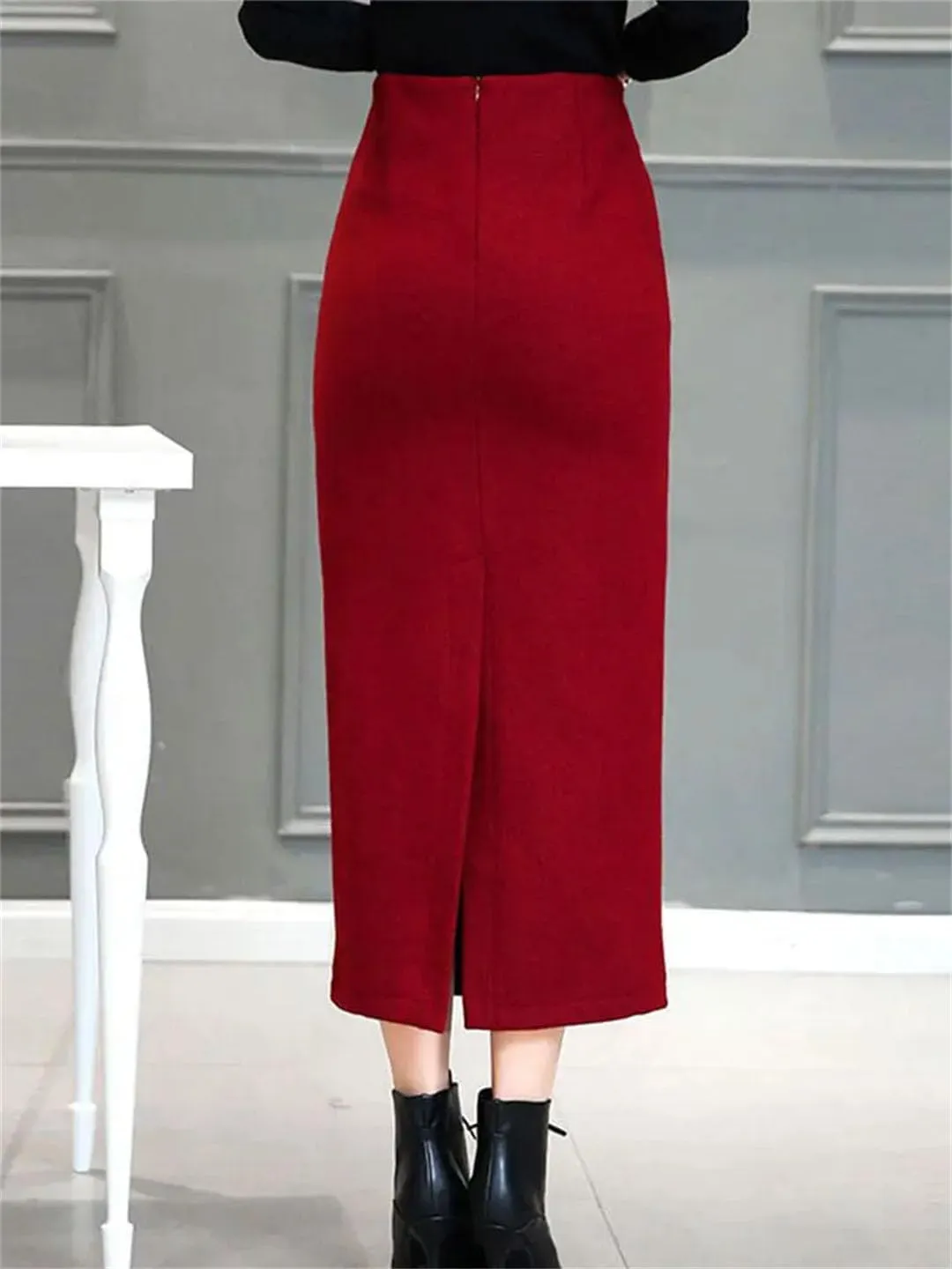 Women's Winter Warm Wool Skirt High Waist Slit Hip Wrap Pencil Skirt Casual Versatile Skirt
