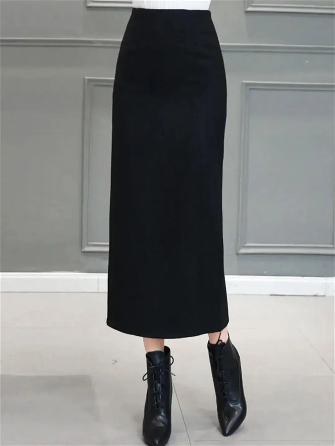 Women's Winter Warm Wool Skirt High Waist Slit Hip Wrap Pencil Skirt Casual Versatile Skirt