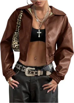 Women's Y2K Faux PU Leather Jacket Crop Zip Up Motorcycle Coat Long Sleeve Drop Shoulder Motor Bike Jacket Streetwear