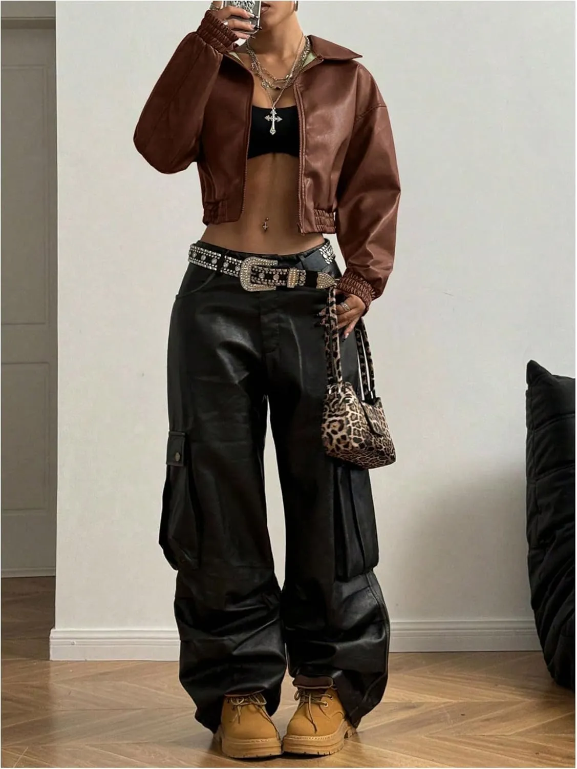 Women's Y2K Faux PU Leather Jacket Crop Zip Up Motorcycle Coat Long Sleeve Drop Shoulder Motor Bike Jacket Streetwear