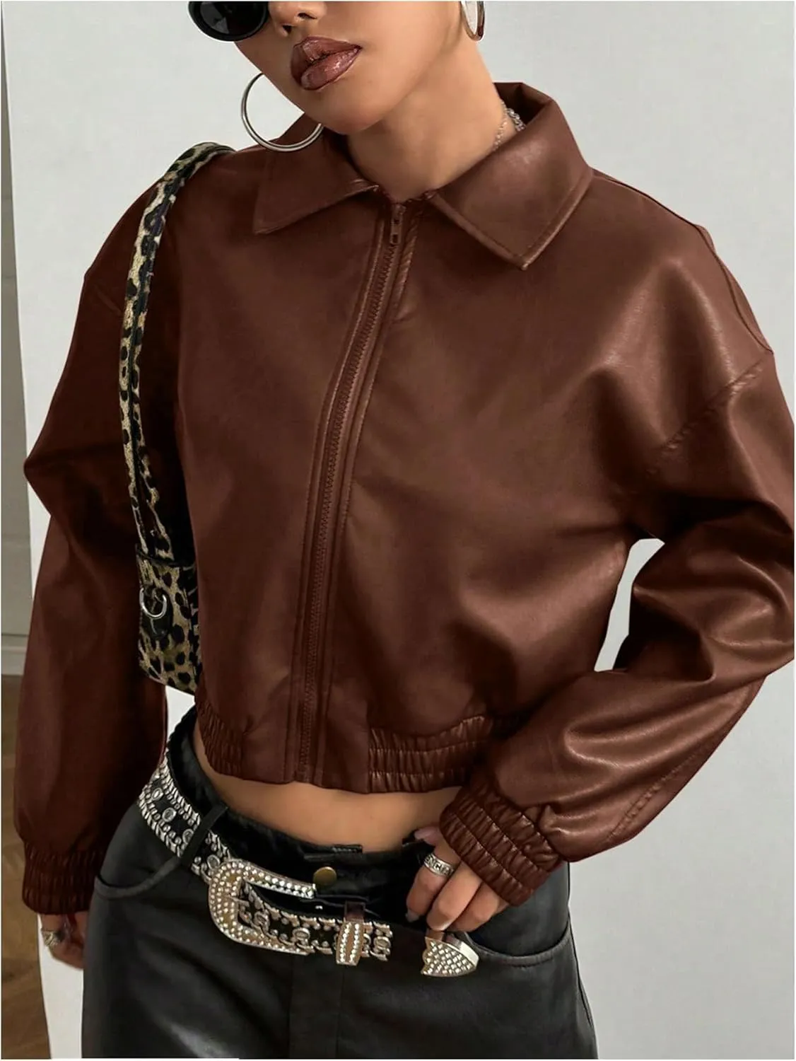 Women's Y2K Faux PU Leather Jacket Crop Zip Up Motorcycle Coat Long Sleeve Drop Shoulder Motor Bike Jacket Streetwear