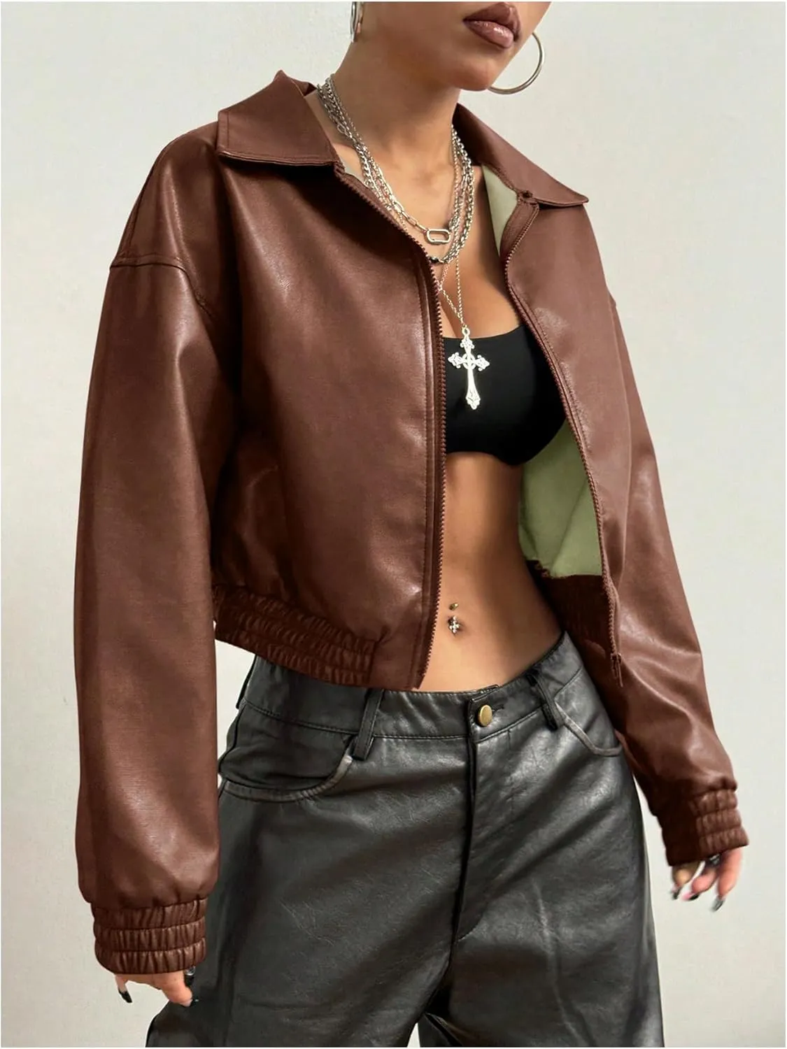 Women's Y2K Faux PU Leather Jacket Crop Zip Up Motorcycle Coat Long Sleeve Drop Shoulder Motor Bike Jacket Streetwear