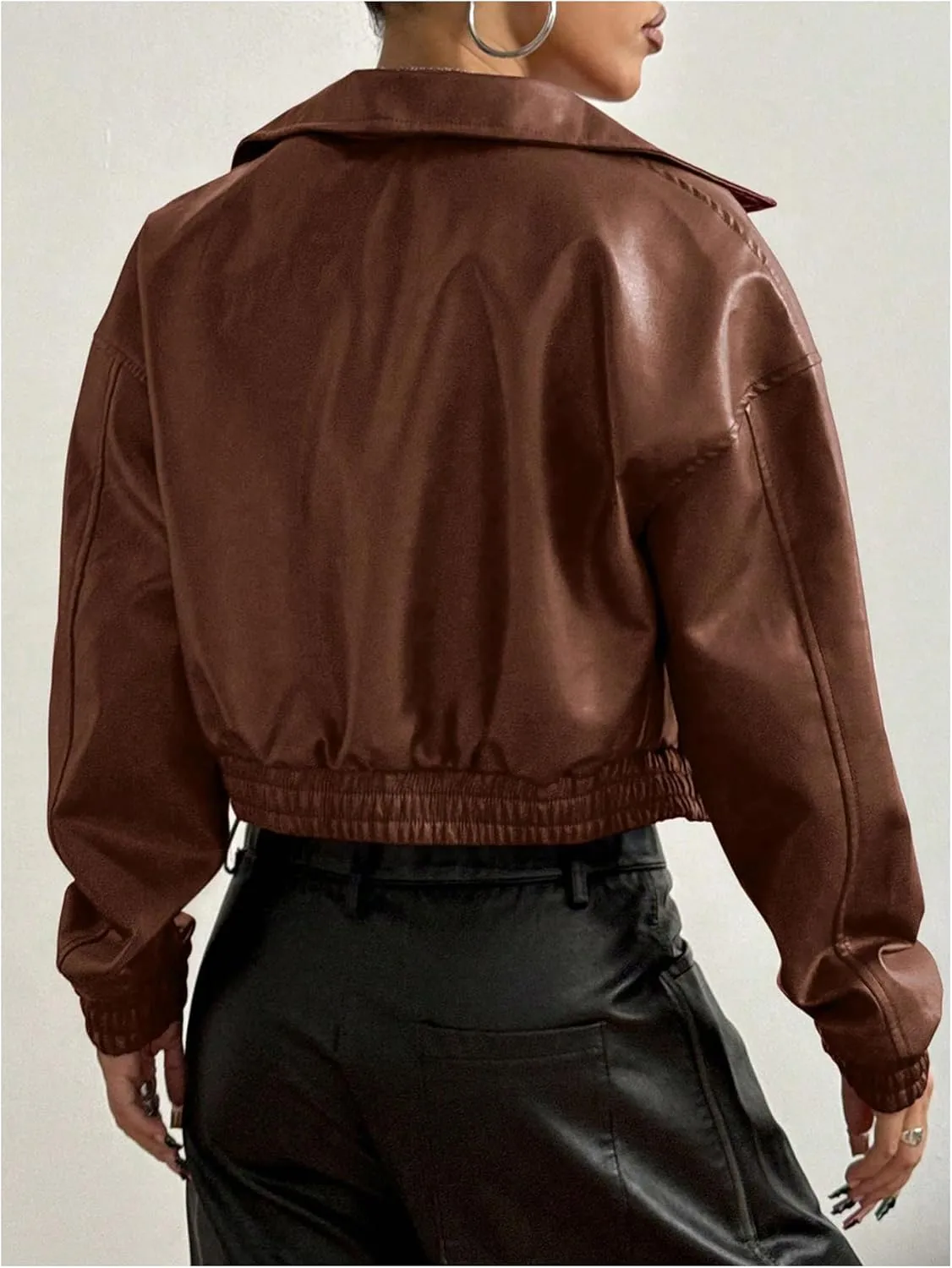 Women's Y2K Faux PU Leather Jacket Crop Zip Up Motorcycle Coat Long Sleeve Drop Shoulder Motor Bike Jacket Streetwear