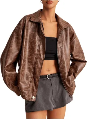 Women's Y2K Faux PU Leather Jacket Oversized Vintage Shacket Button Front Zip Up Motorcycle Jacket Moto Biker Coat