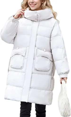 Women's Zipper Drawstring Waist Parkas Coats Vintage Warm Hooded Stand Collar Cotton-Padded Jacket